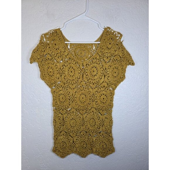 HANDMADE Short Sleeve Cotton Crochet Top Gold Size Small - Picture 1 of 4